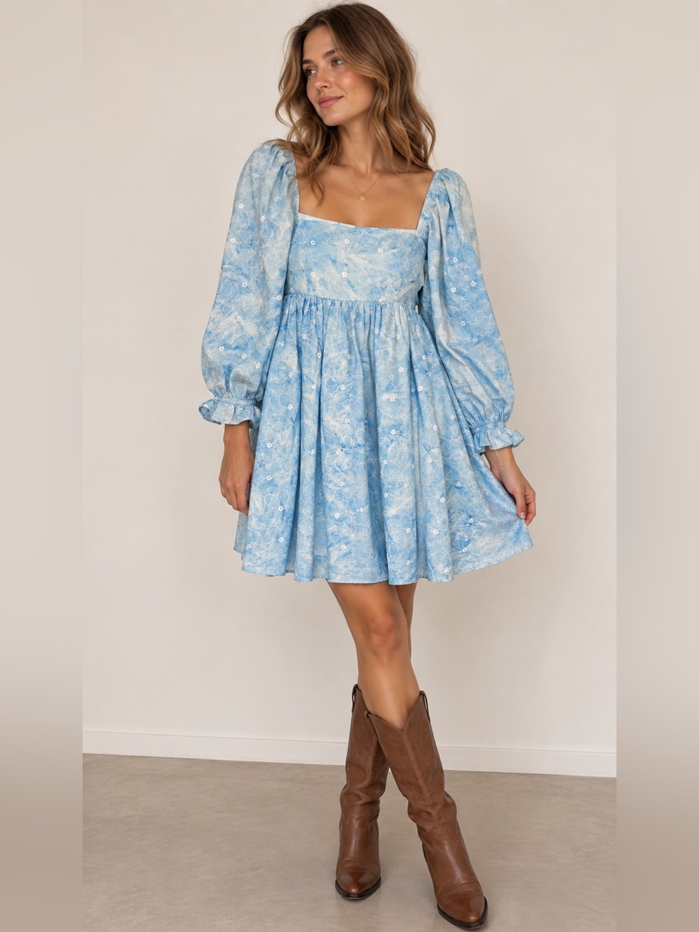 Judith March Blue Floral Puff Sleeve Babydoll Dress Cottagecore Romantic